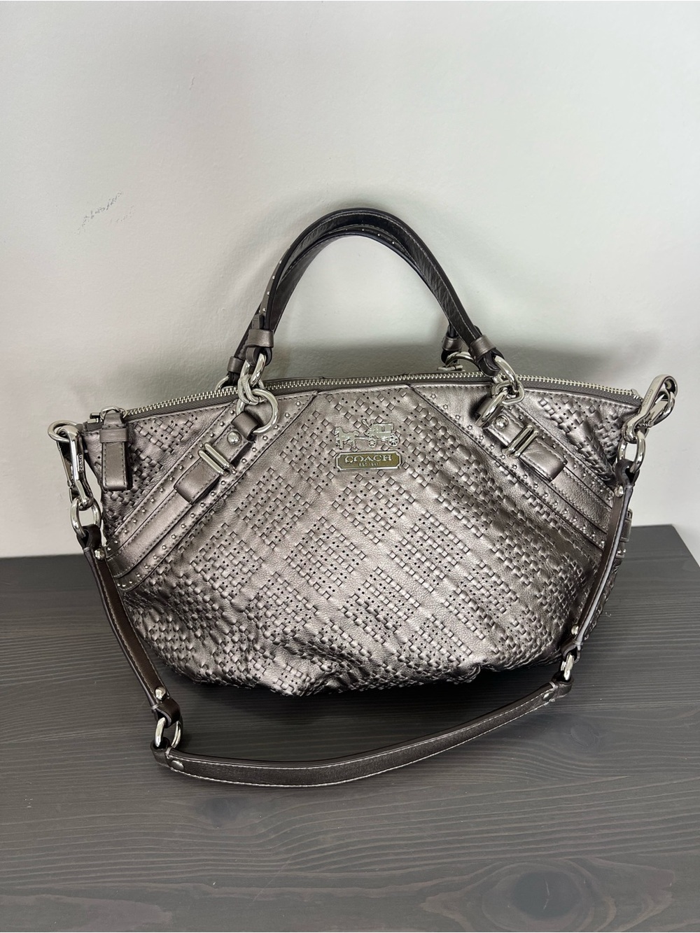 Coach Madison Sophia Pewter Woven Leather Satchel Gun Metal Bag